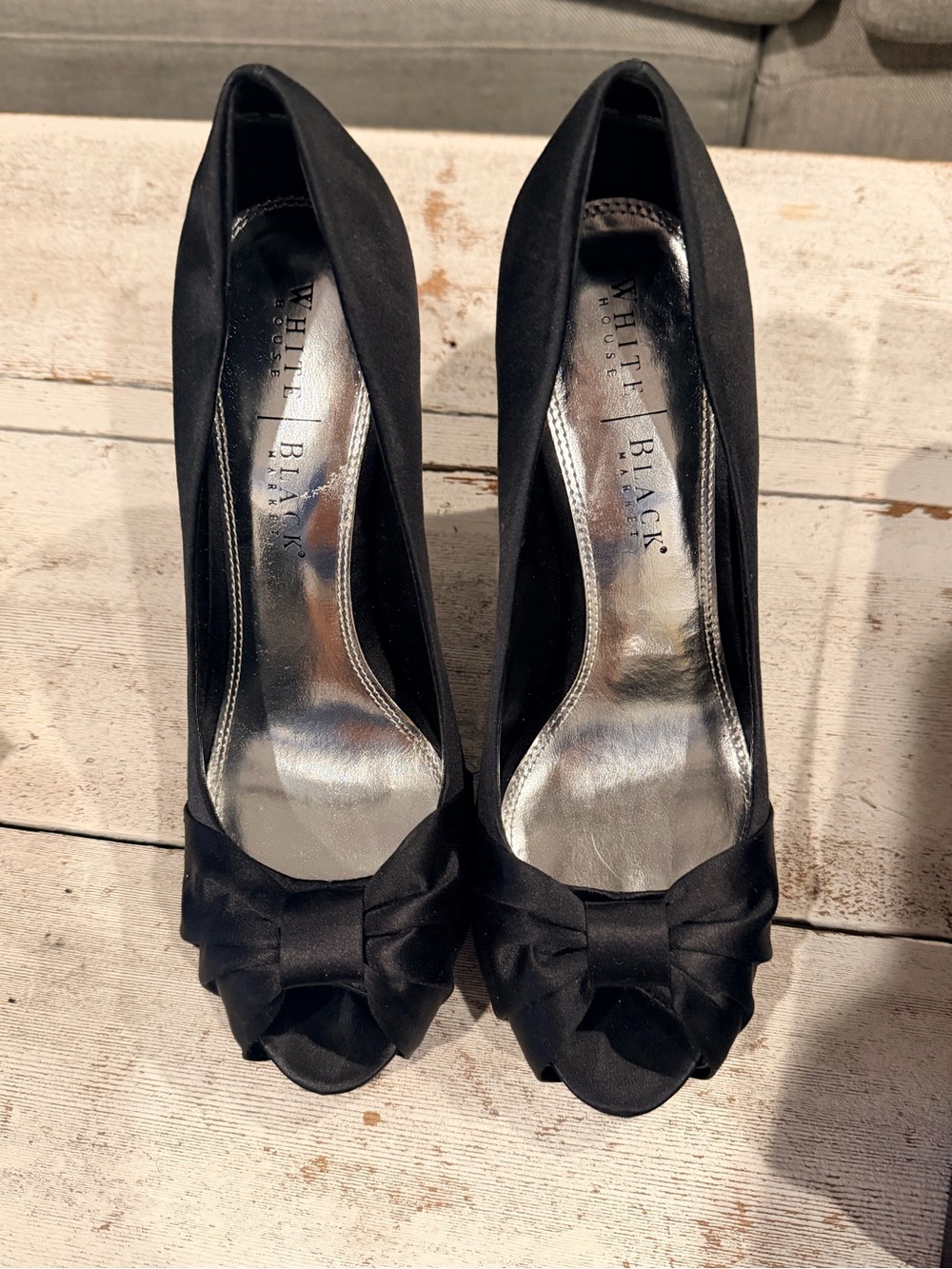 White House Black Market Black Satin Peep-Toe Pumps with Bow